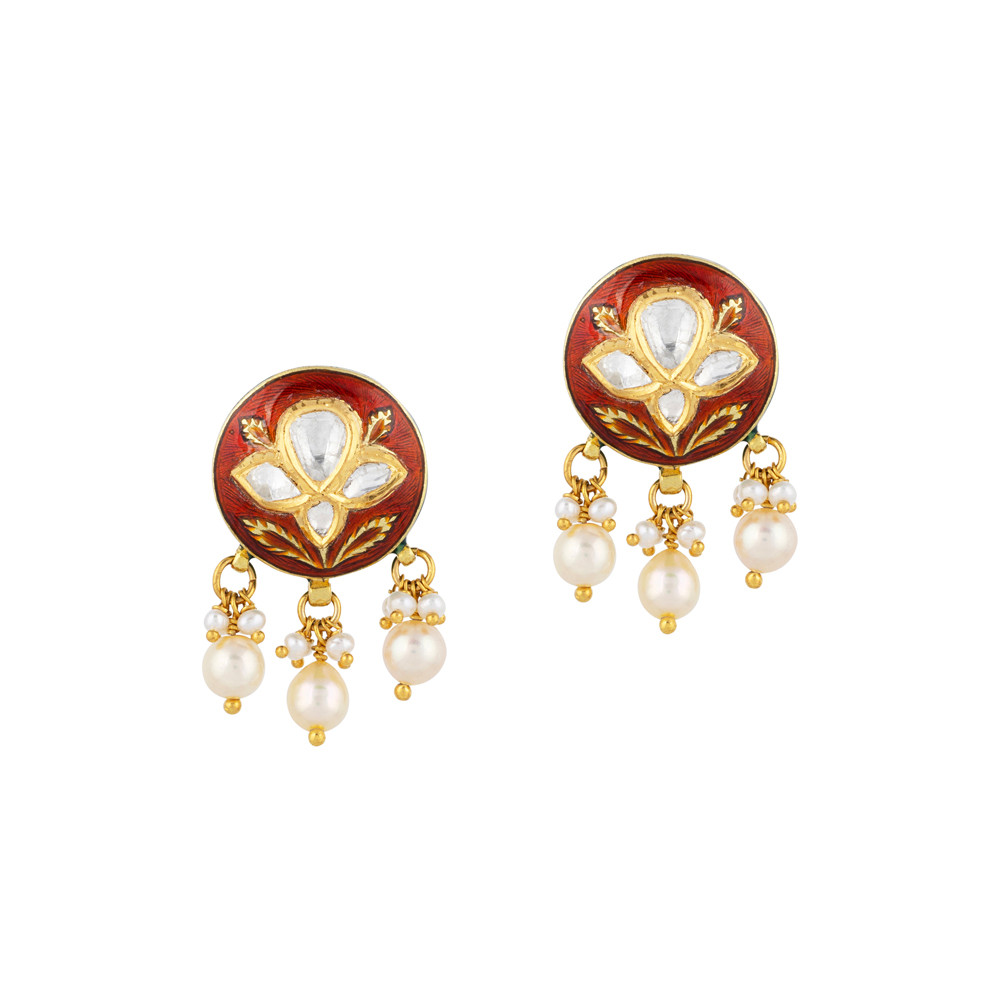 Round Polki Earrings with Red Enamel and Pearl Clusters